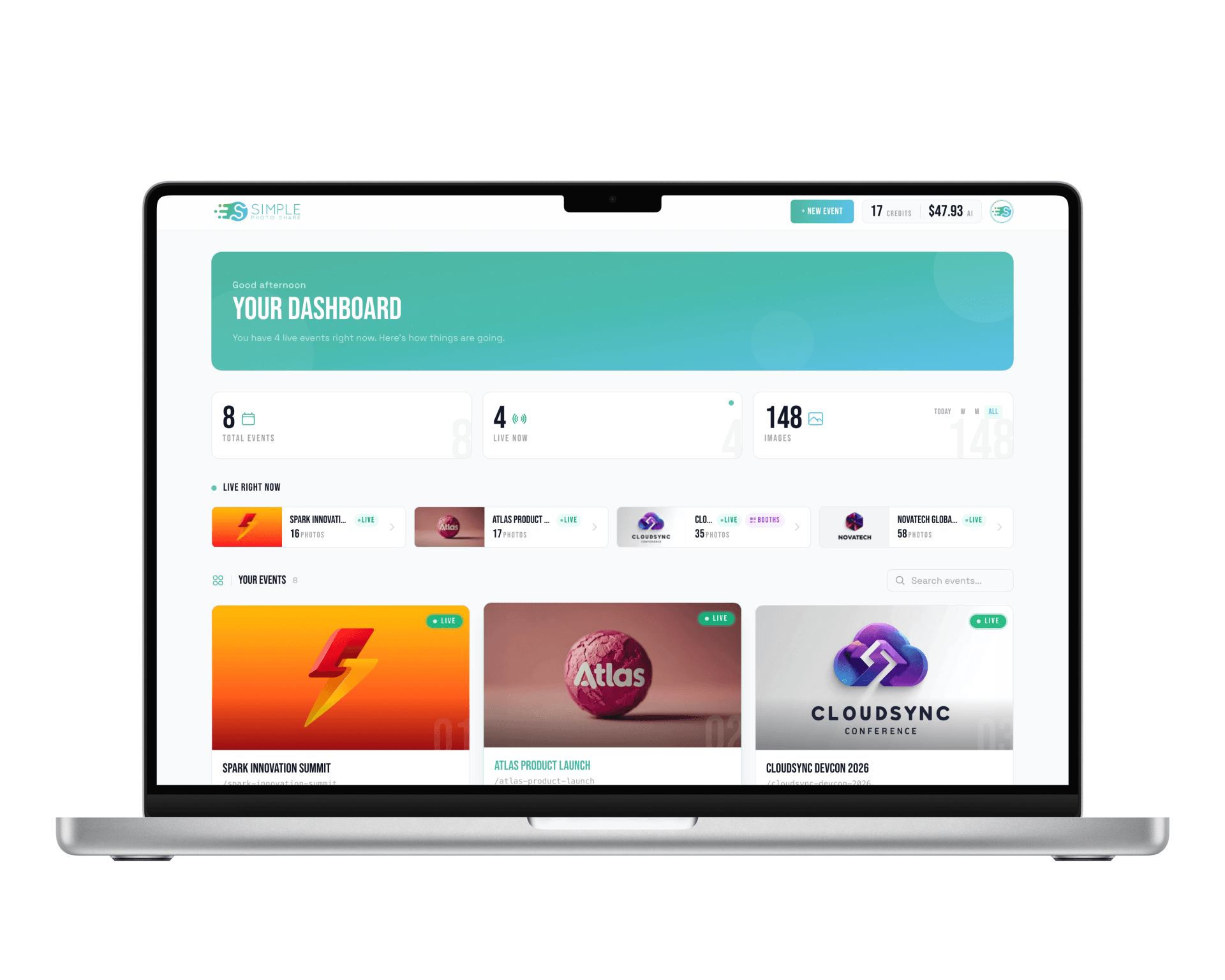 SimplePhotoShare admin dashboard showing events, stats, and real-time upload progress