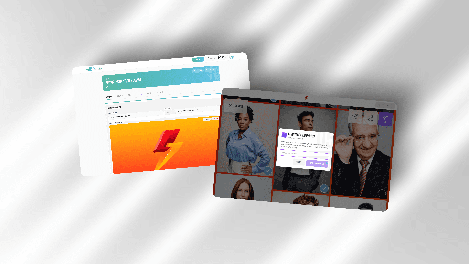 AI-powered photo enhancement — configure custom styles in admin, guests select them in the gallery